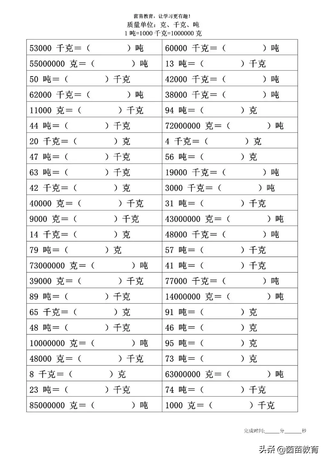 质量单位：克、千克、吨的换算