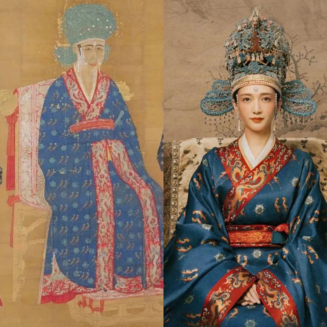 依然是深青,青色的祎衣,褕翟,据《新唐书·车服志》记载,皇后,皇子妃